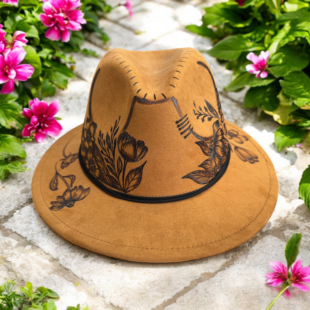 Rear view of the khaki Flower Garden fedora with burned leaves and floral details