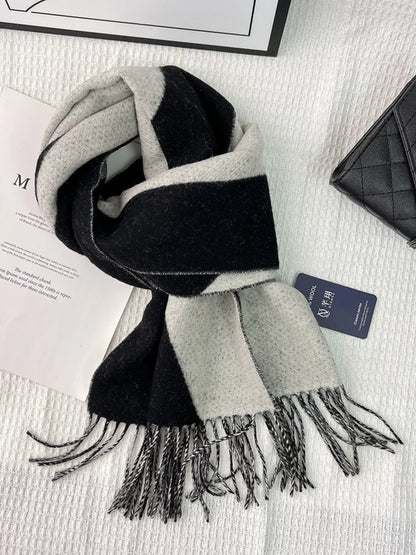 Unisex Fringe Color Block Scarf — black and beige scarf loosely knotted
