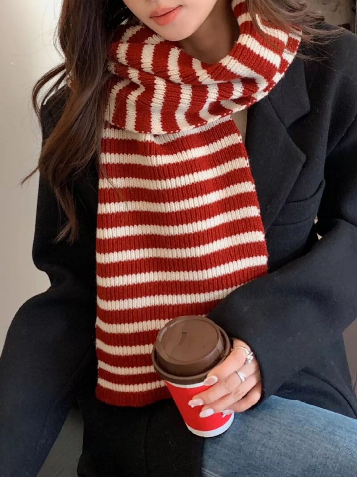 Unisex 100% Wool Striped Knitted Winter Scarf — red striped scarf styled while holding a cup