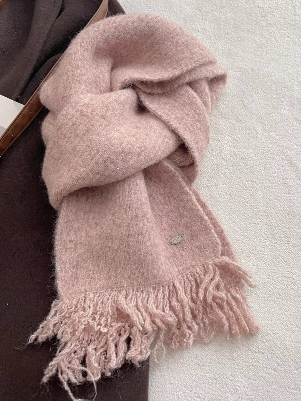 Unisex Fringe Hem Knitted Scarf — dusty pink scarf looped with fringed ends