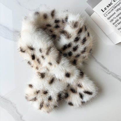 Brown leopard print faux fur scarf with crossed ends