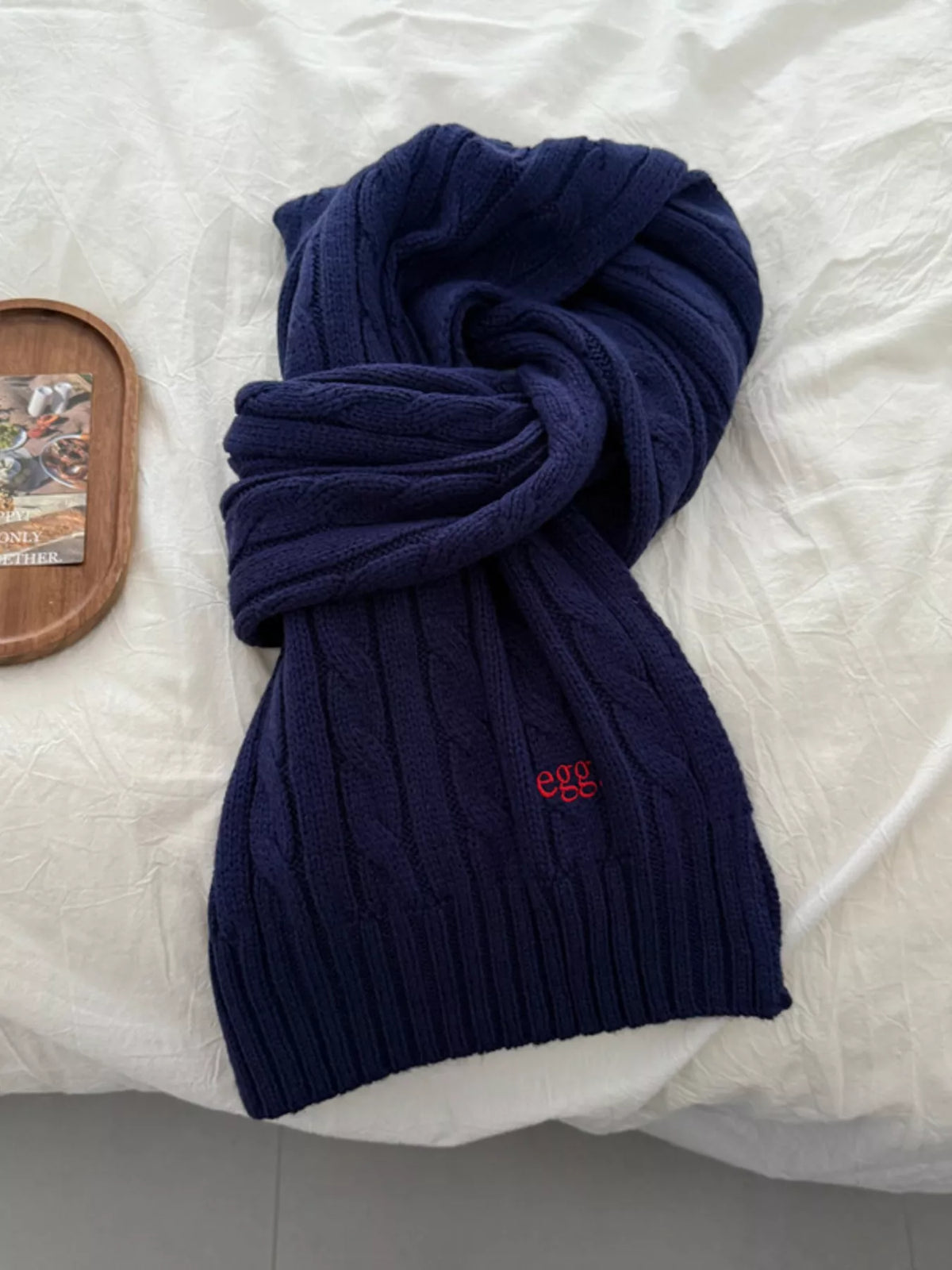 Unisex Cable Rib Winter Scarf — blue winter scarf arranged in a loose knot