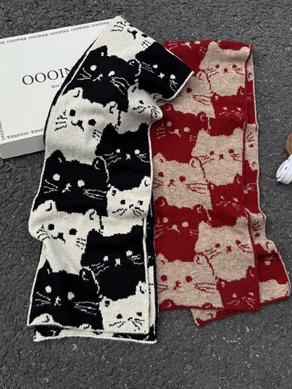Unisex Allover Cat Knit Scarf — black and red cat patterned scarves displayed together