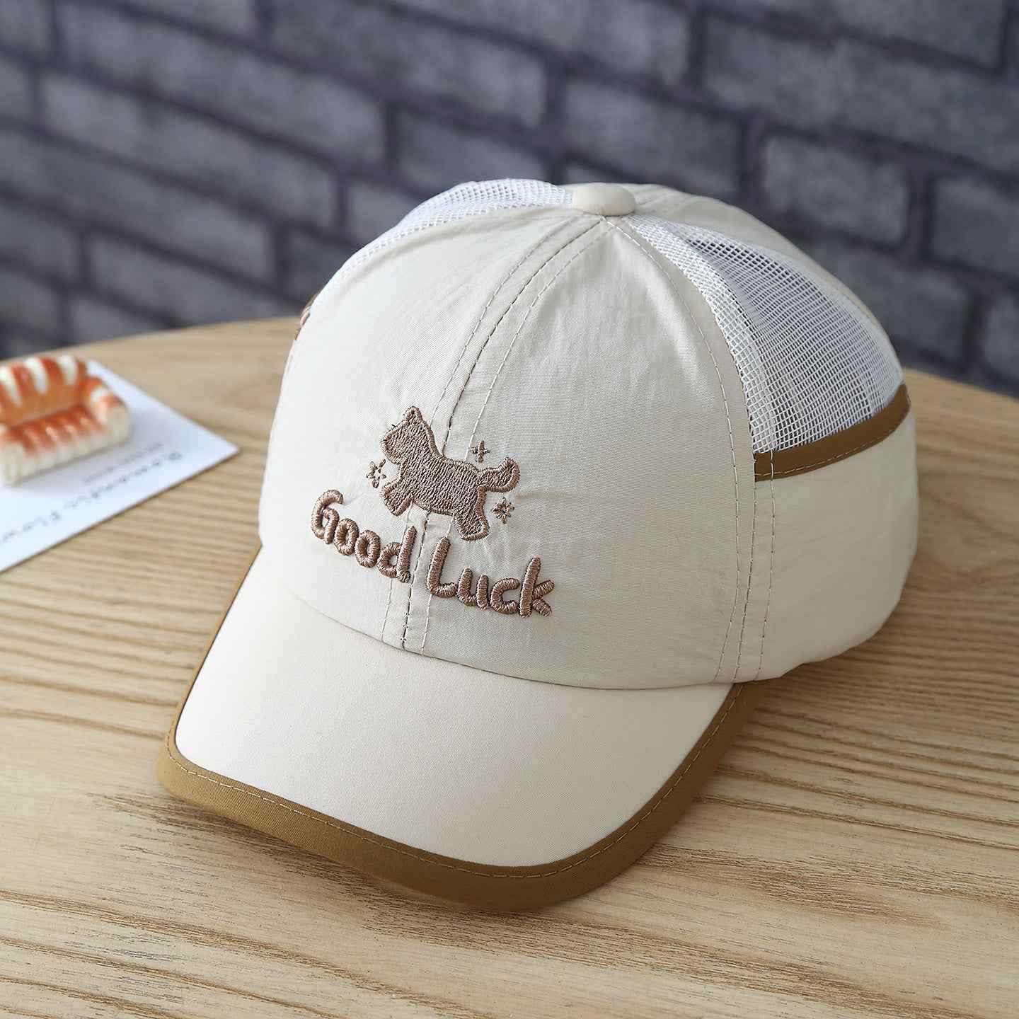 Khaki Good Luck dog cap front view