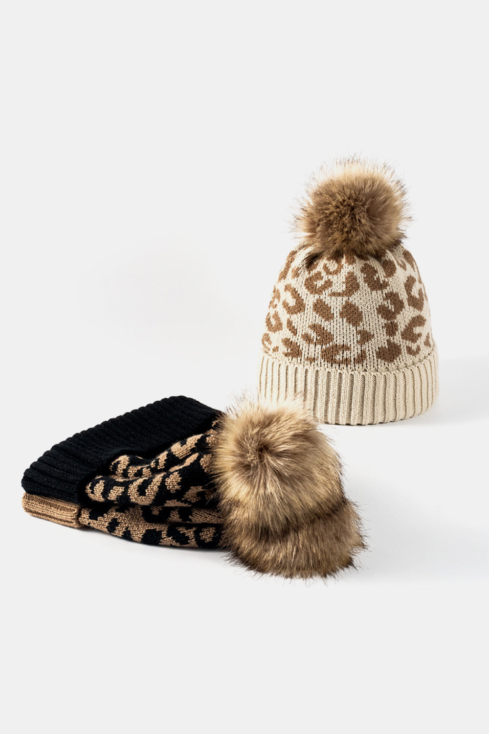 Women's Beige Leopard Pom-Pom Cuffed Beanie side angle photo 14