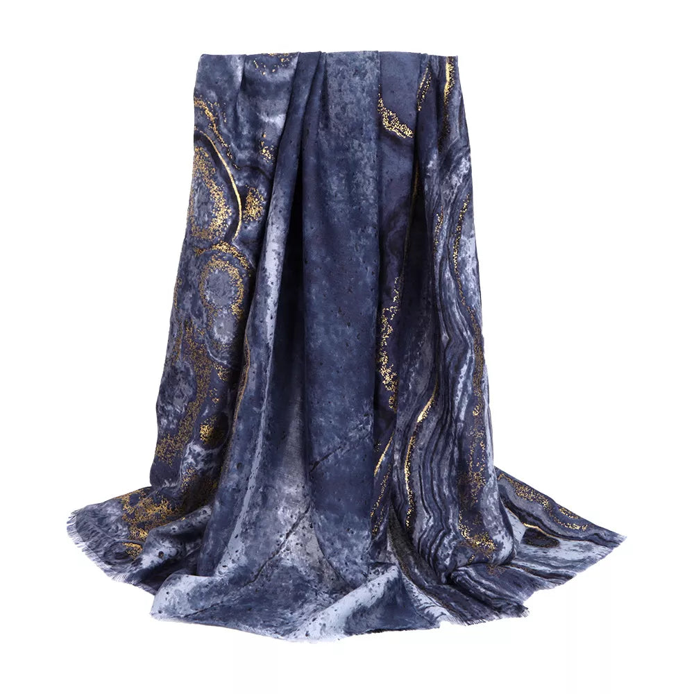 Unisex Marble Print Foil Scarf — blue foil detailed scarf draped against a pale backdrop