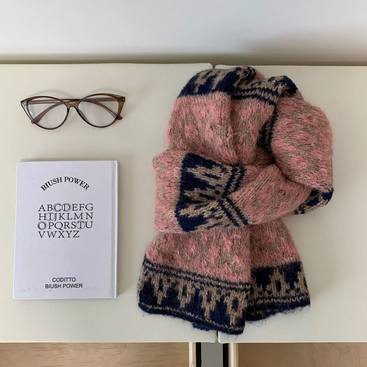 Unisex Vintage Knitted Pattern Warm Scarf — pink scarf with contrasting dark geometric bands