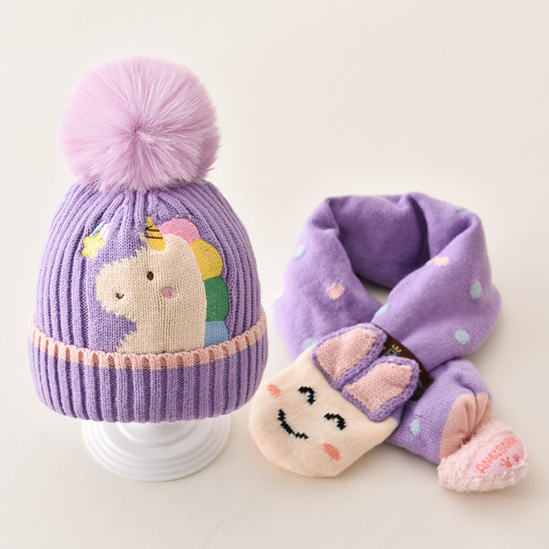 Purple animal pom pom beanie and scarf with character patch