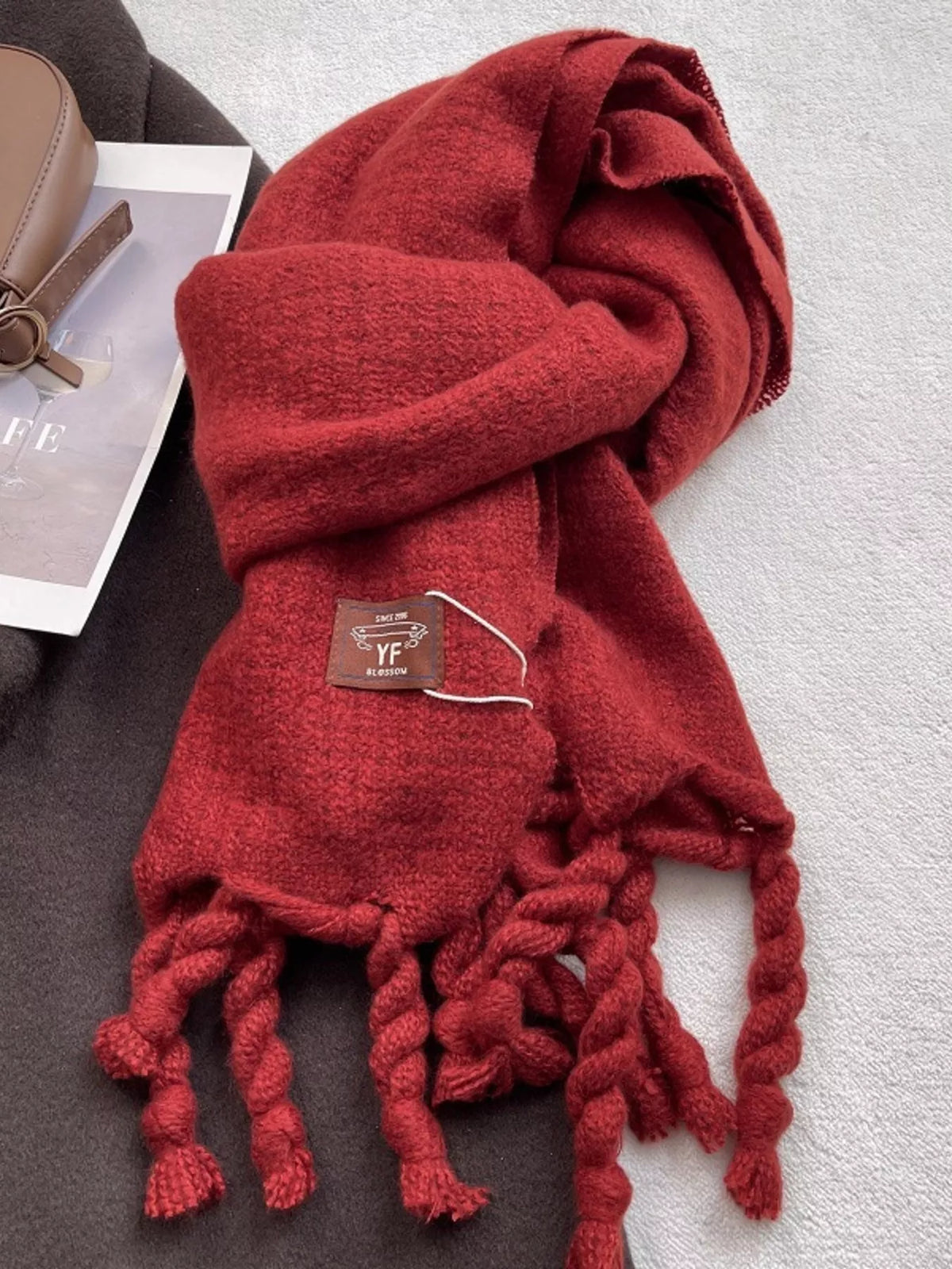 Unisex Knitted Tassel Scarf — red scarf looped with twisted fringe hanging down