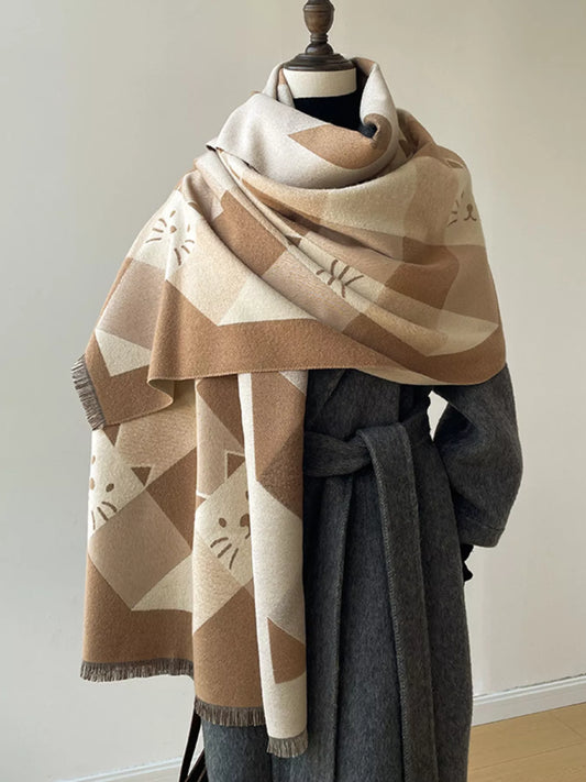 Women's Cute Cat Pattern Plaid Raw Hem Scarf in Khaki - front view 1