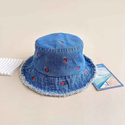 Women's Blue Flower Embroidered Denim Bucket Hat with Frayed Brim front view