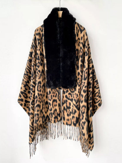 Women's Faux Fur Trim Scarf Wrap — leopard print wrap with dark faux fur-style trim