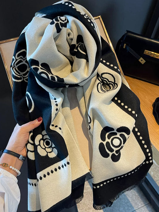 Women's Floral Pattern Raw Hem Scarf in Black - front view 1