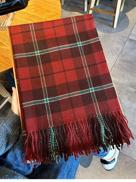 Unisex Everyday Classic Plaid Fringe Scarf in Sky Blue - styled detail 2