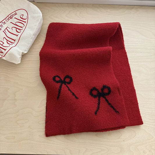 Unisex Bow Detail Knit Scarf — red knit scarf with two dark bow details