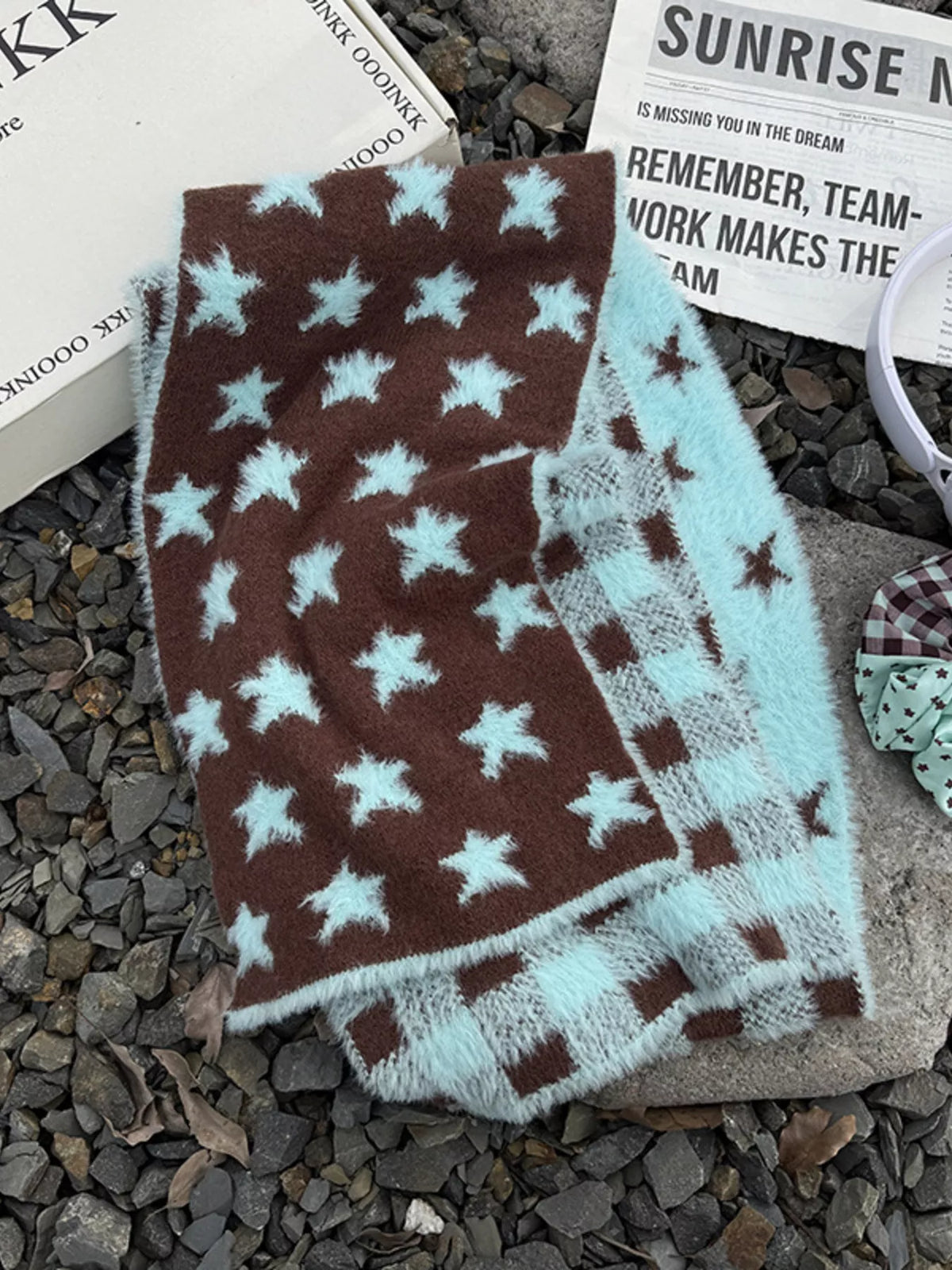 Unisex Star and Check Knit Scarf — dark star panel and blue checks shown together