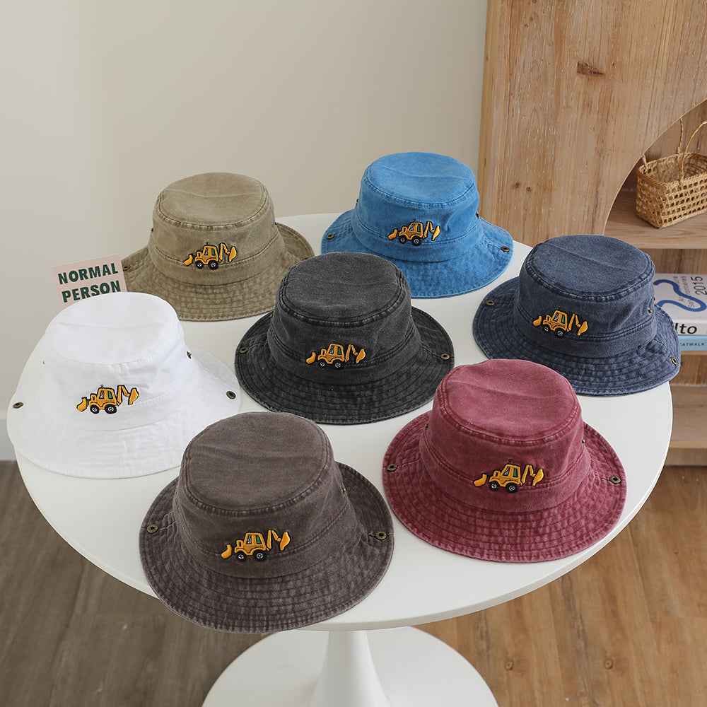 Kids Khaki Excavator Embroidered Washed Bucket hat embroidery close-up