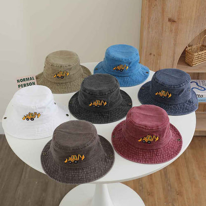 Kids Khaki Excavator Embroidered Washed Bucket hat embroidery close-up