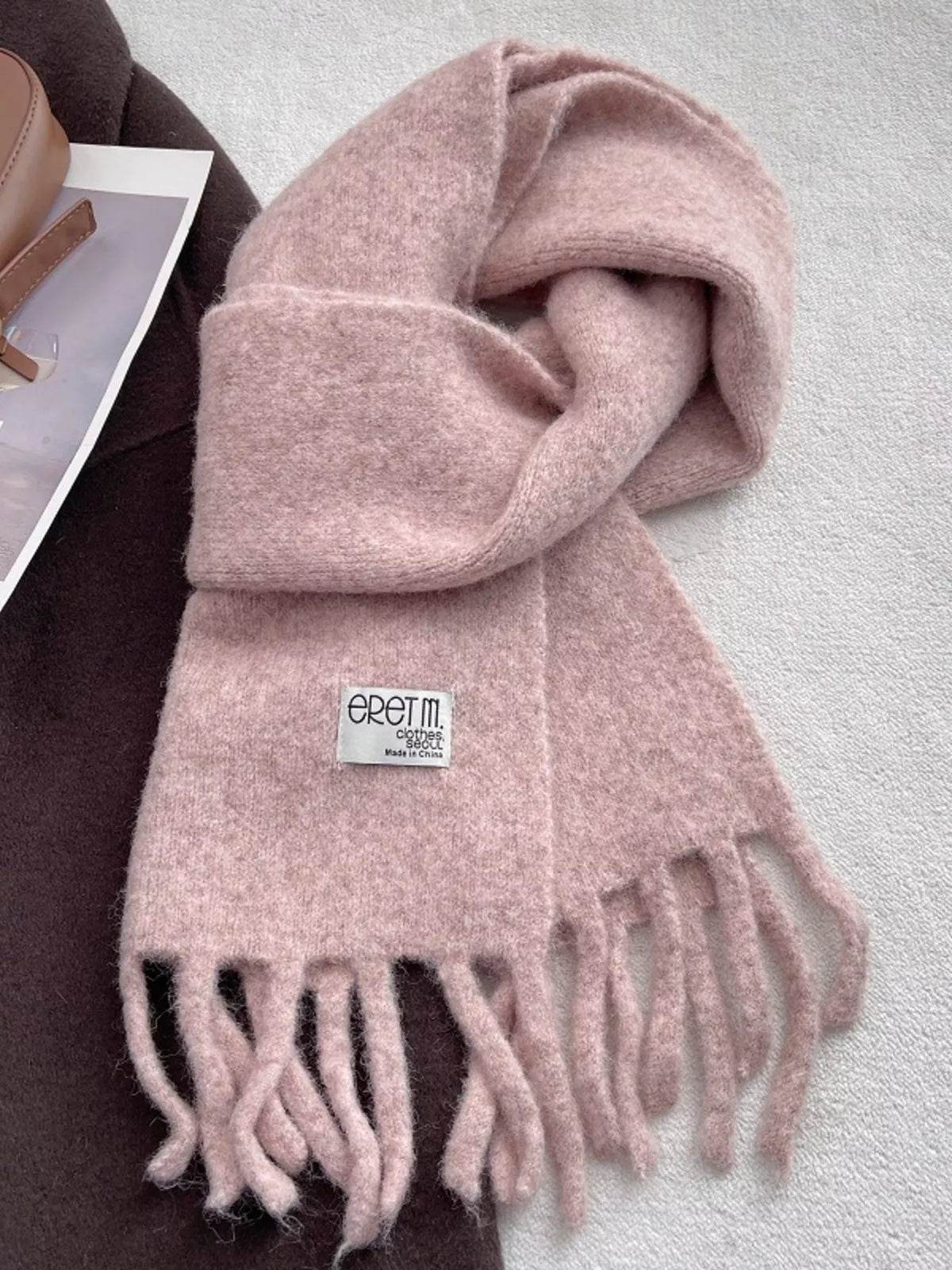 Unisex Fringe Solid Color Scarf — 70.9-Inch — pale pink solid scarf tied with long fringe visible