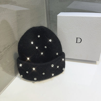 Women's Rhinestone Studded Knit Autumn-Winter Beanie — black knit beanie showing scattered bright studs