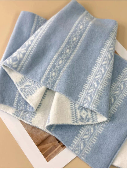 Unisex Winter Snowflake Pattern Knitted Scarf — pale blue scarf showing patterned bands along both sides