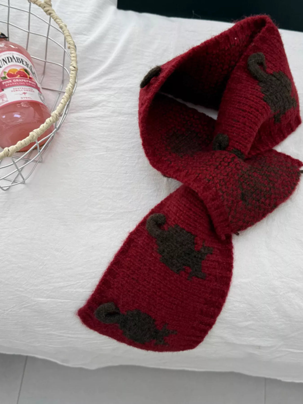 Unisex Short Cat Motif Scarf — red short scarf with dark cat silhouettes