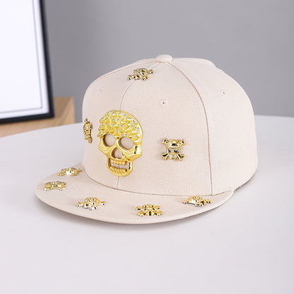Unisex Beige Gold Skull Embellished Snapback Cap front view