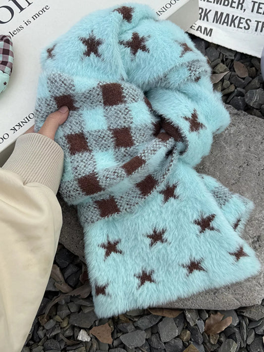 Unisex Star and Check Knit Scarf — mint blue star scarf loosely tied with checked section visible