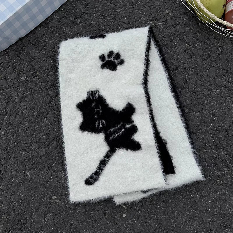 Unisex Cat Paw Pattern Scarf — pale scarf with contrasting dark cat detail
