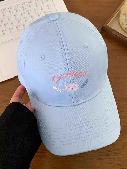 Unisex cat embroidered cotton baseball cap - blue front view