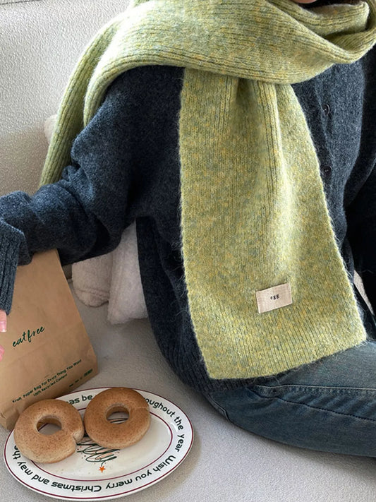 Unisex Fuzzy Solid Knit Scarf — light green fuzzy scarf worn long over dark clothing