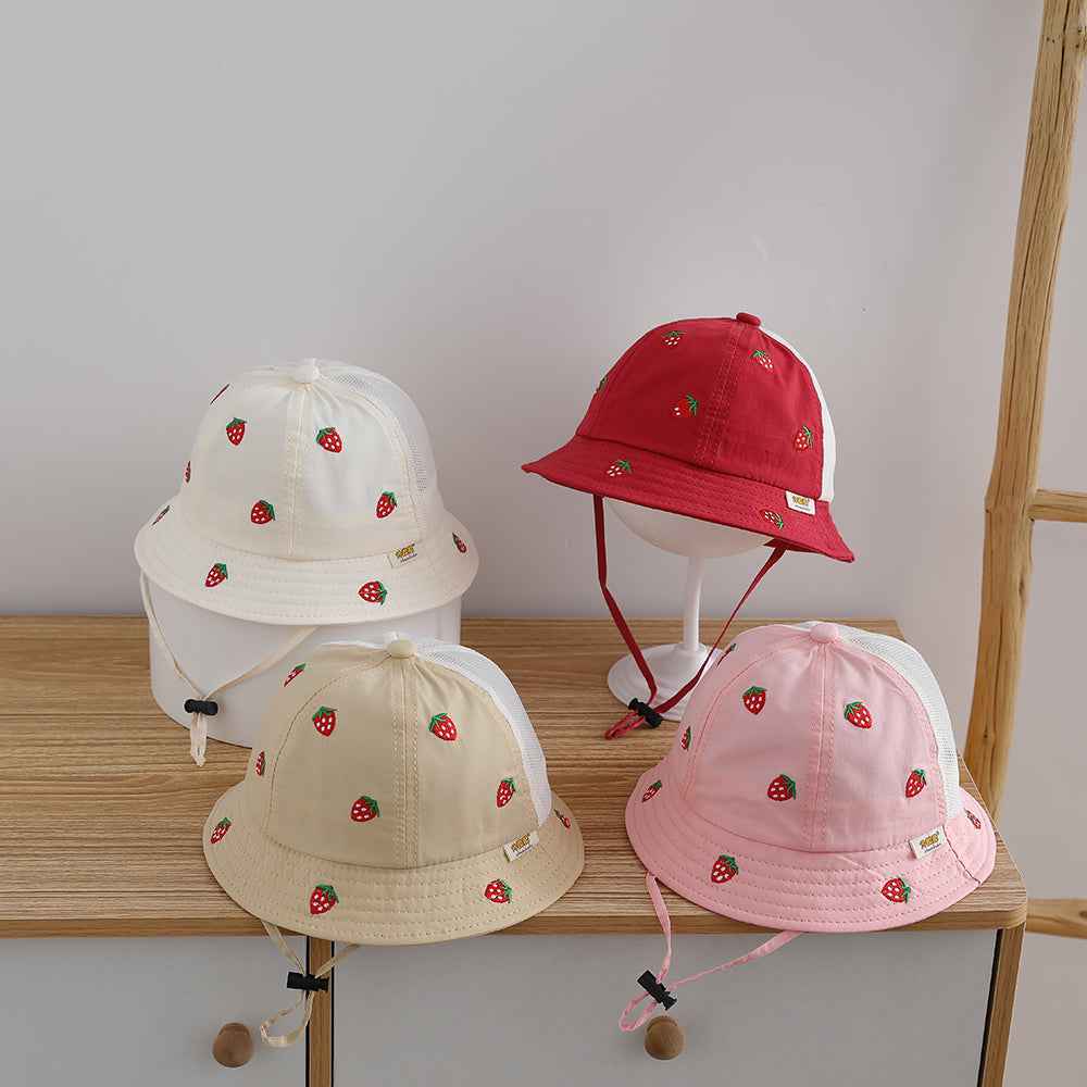 Kids Khaki Strawberry Embroidered Mesh Bucket Sun hat front view