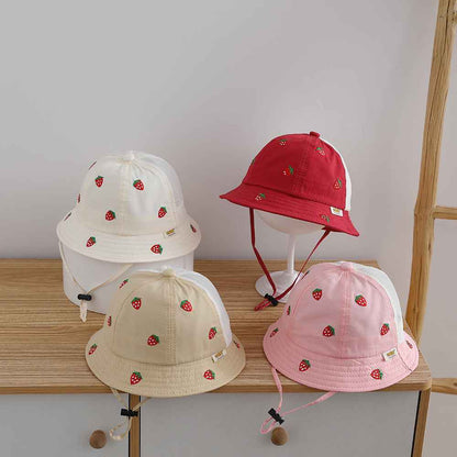Kids Khaki Strawberry Embroidered Mesh Bucket Sun hat front view