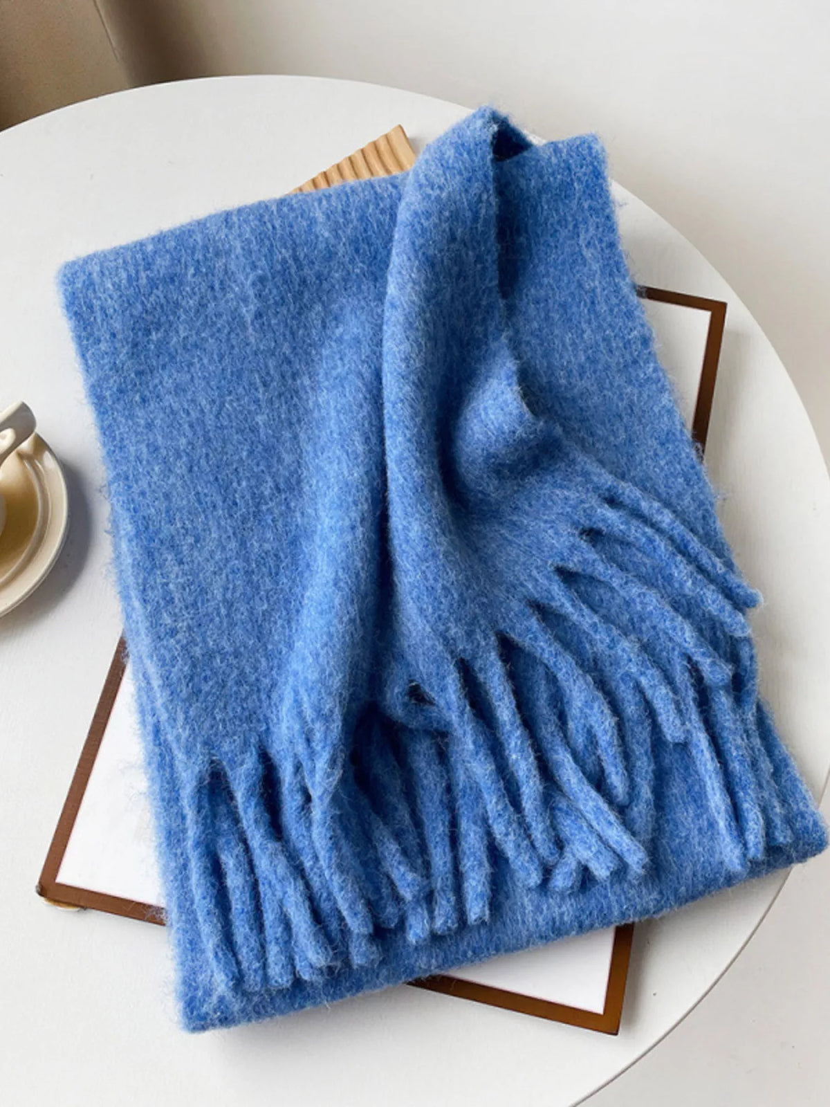 Unisex Extra Long Fringe Scarf — blue solid scarf with fringed edge visible