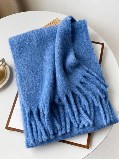 Unisex Extra Long Fringe Scarf — blue solid scarf with fringed edge visible