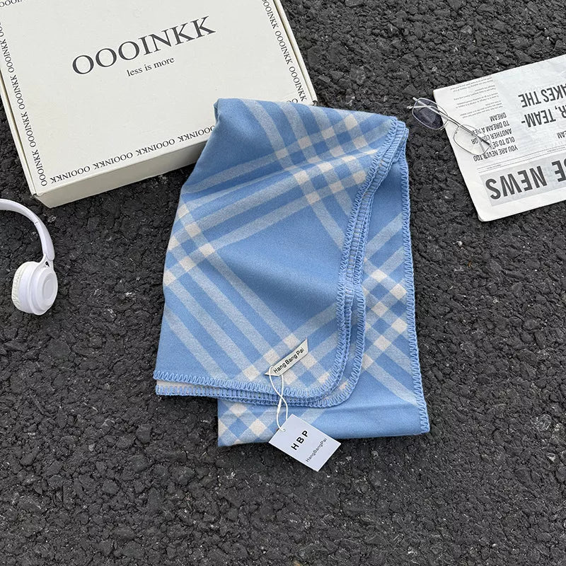 Unisex Classic Windowpane Scarf — blue checked scarf showing its grid pattern