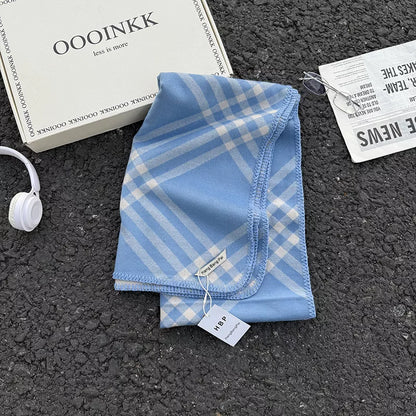 Unisex Classic Windowpane Scarf — blue checked scarf showing its grid pattern