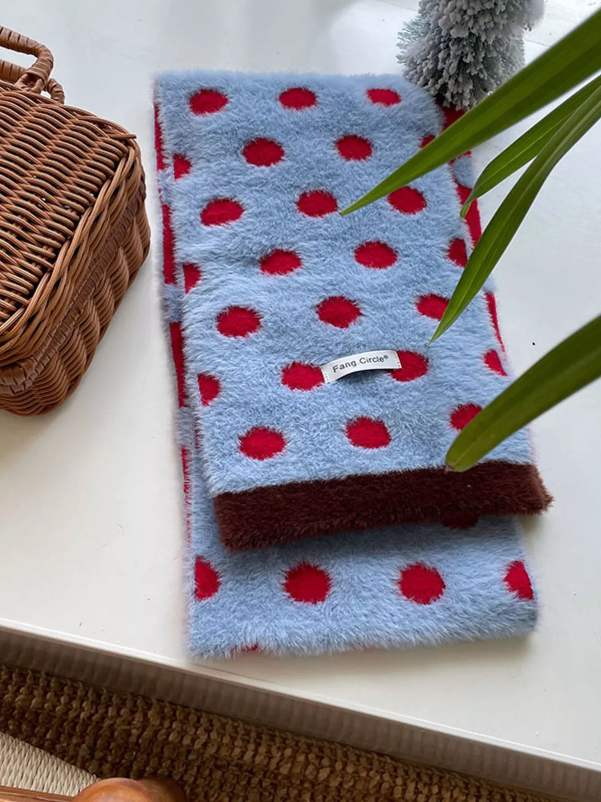 Unisex Blue Polka Dot Scarf — blue scarf with large red polka dots laid flat