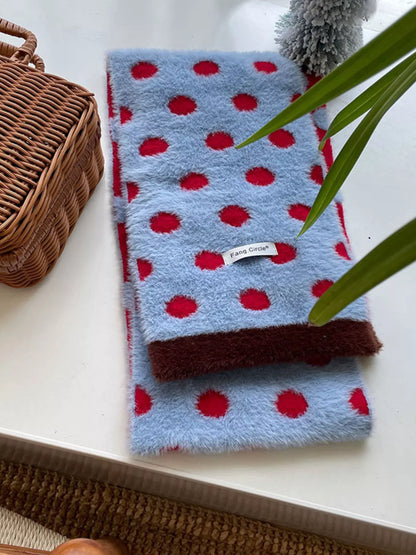 Unisex Blue Polka Dot Scarf — blue scarf with large red polka dots laid flat
