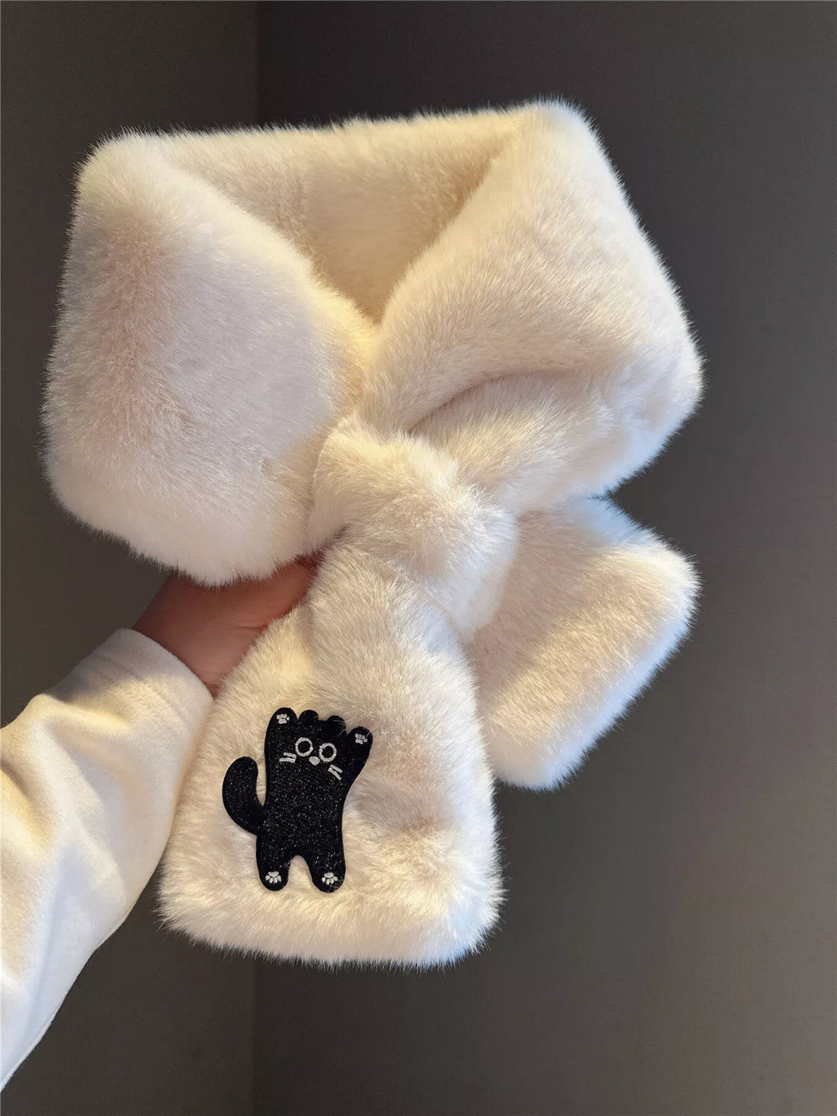 Unisex Embroidered Cat Plush Scarf — compact plush scarf showing an upright embroidered cat