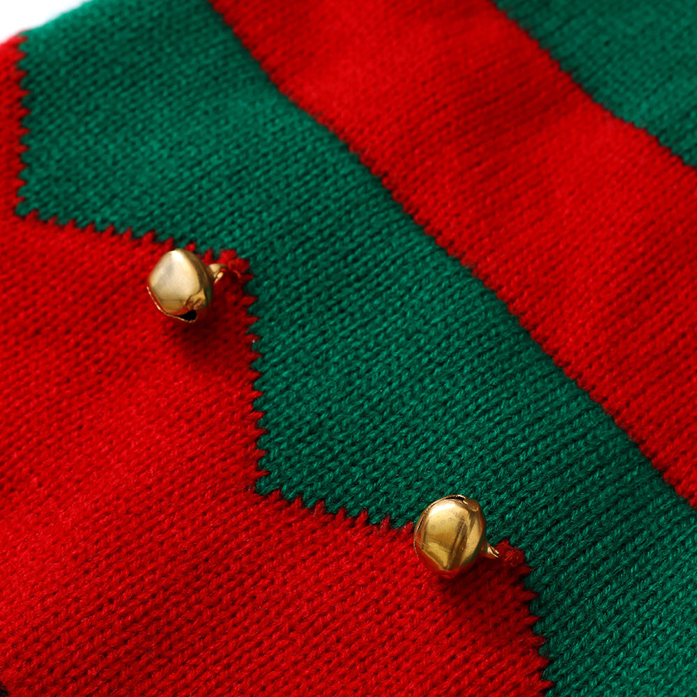 Kids Christmas Striped Pom Pom Beanie - Green texture close-up