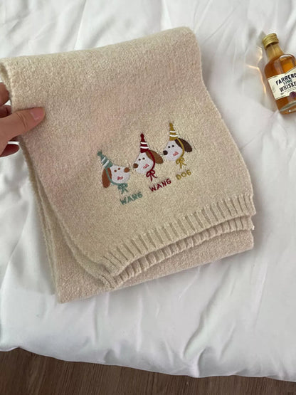 Unisex Embroidered Dog Knit Scarf — folded pale scarf showing small embroidered dogs