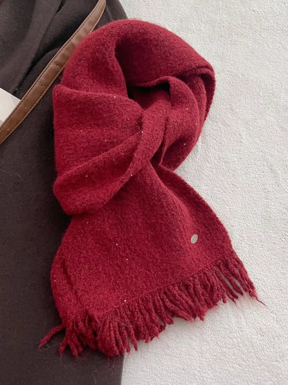 Unisex Fringe Hem Knitted Scarf — red knitted scarf tied with both fringed ends visible