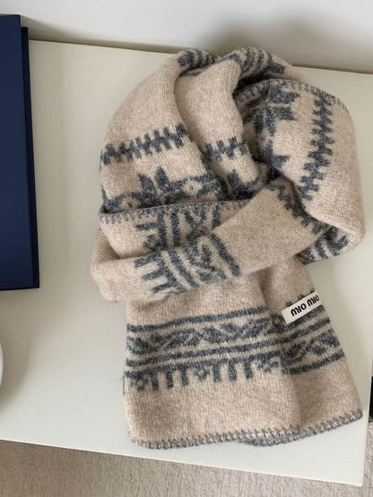 Unisex Vintage Pattern Knitted Scarf — tan scarf with dark decorative knit bands
