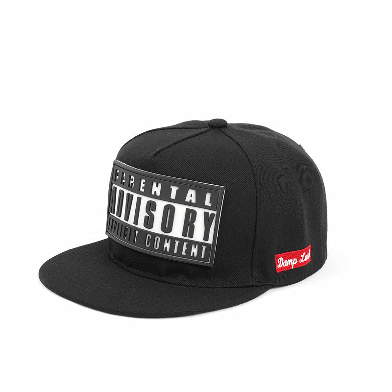 White and black advisory label cap front view