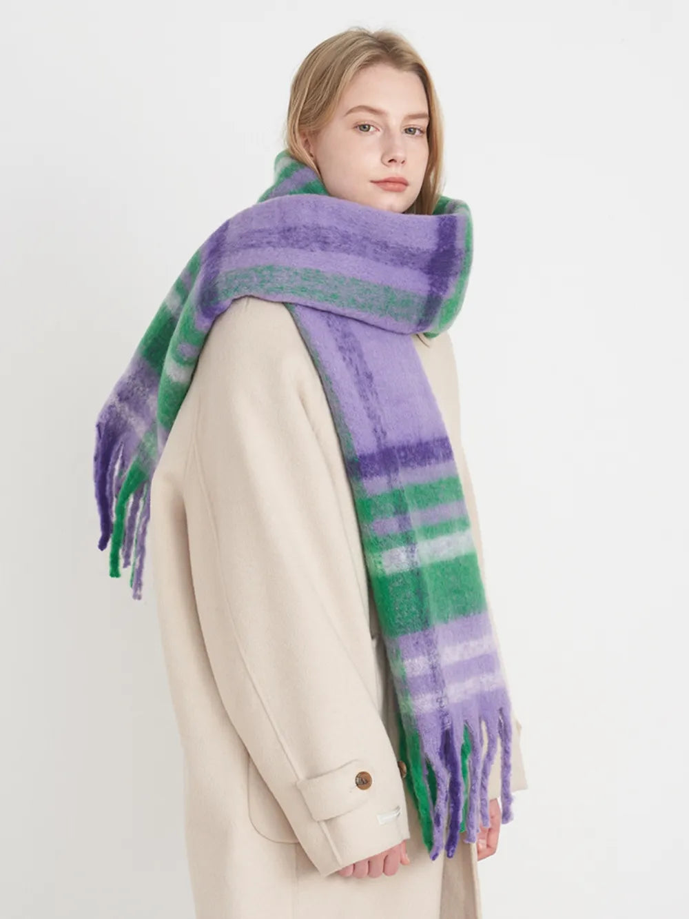 Oversized plaid fringe scarf - product photo 3