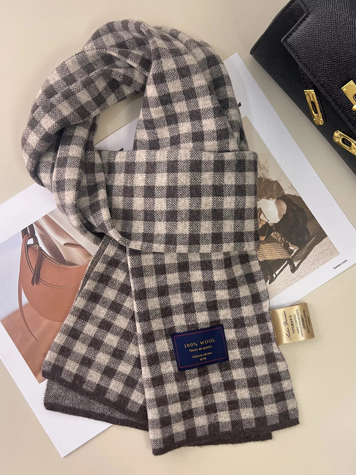 Unisex 100% Wool Plaid Scarf — neutral gray and beige checked scarf looped flat