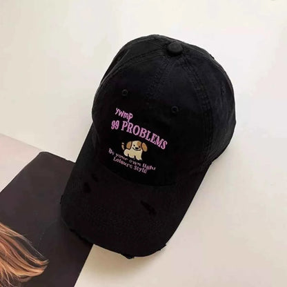 Black dog distressed baseball cap curved brim view
