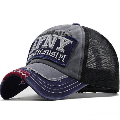 Blue patchwork washed trucker cap front view