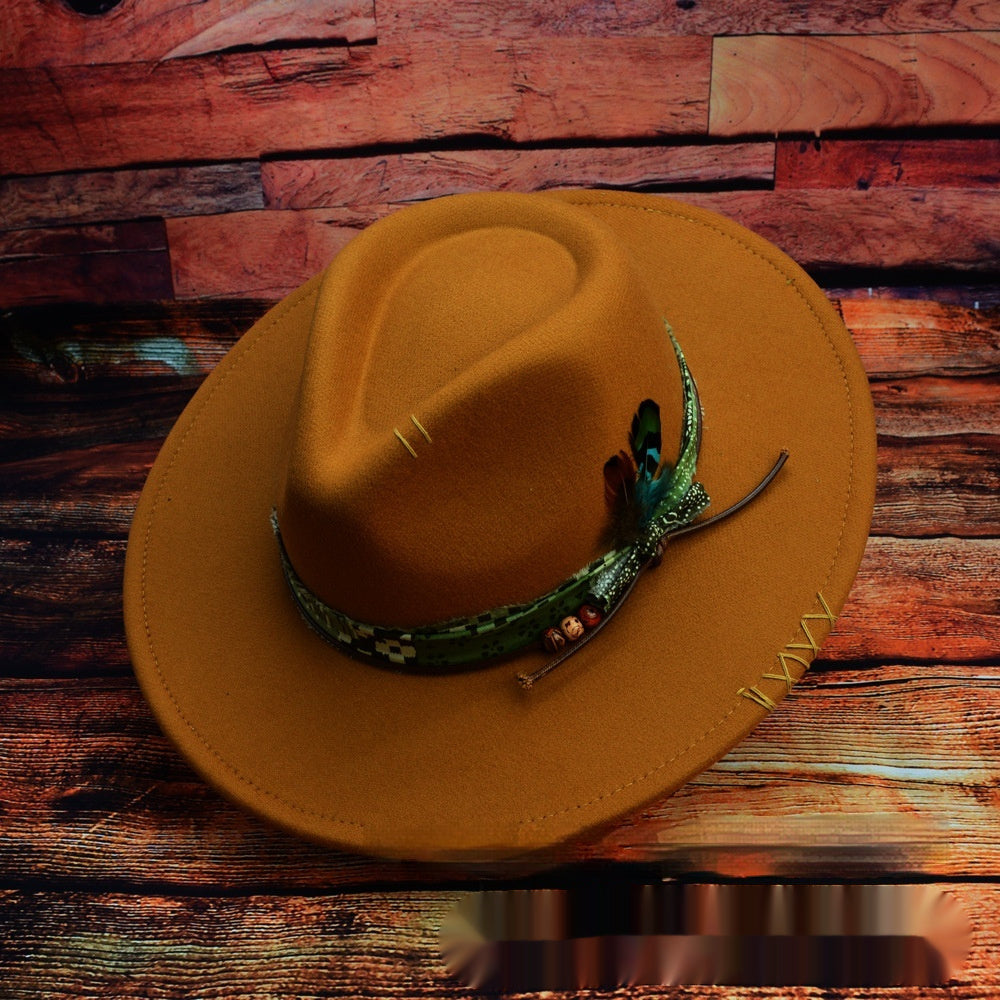 Orange western fedora with handmade patchwork detail
